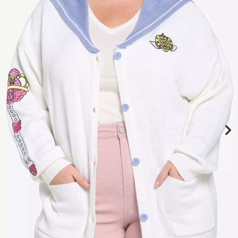 Hot Topic White Cardigan with Lavender Sailor Collar and Pink Sleeve Graphic